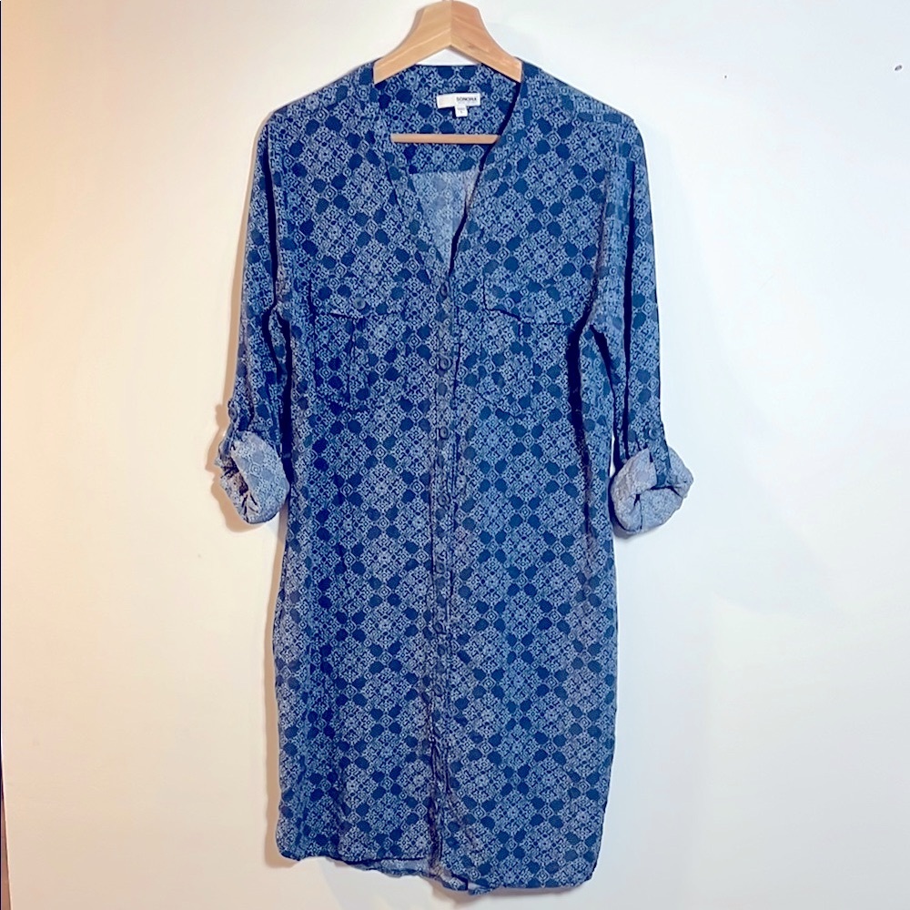 Sonoma Blue Patterned Button Down Women's Dress